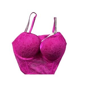 Victoria Secret Very Sexy Push Up Bra 34D Pink Lace Rhinestone Straps NWT‎